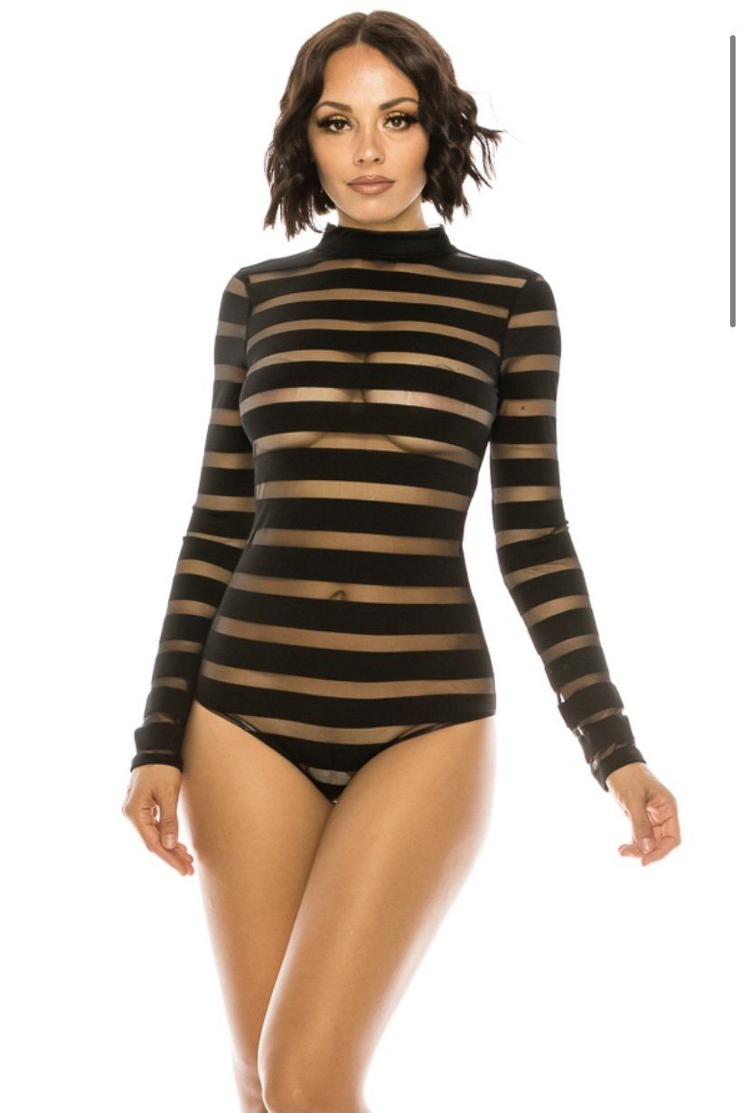 Shape Black Lace Mesh Stripe Bodysuit