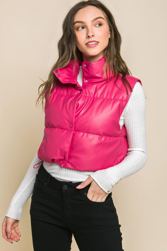 PU Faux Leather puffer West With Snap Button Love Tree