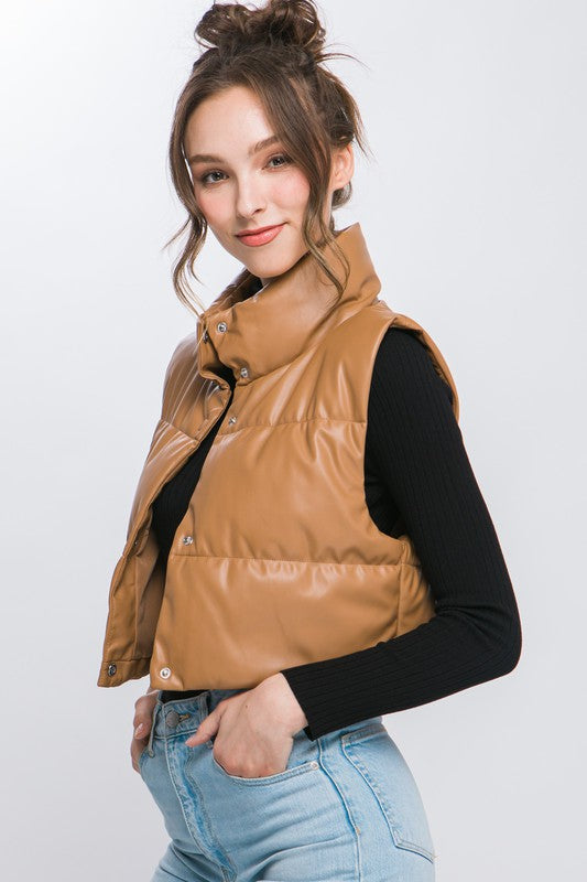 PU Faux Leather puffer West With Snap Button Love Tree