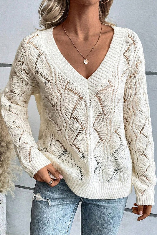 Women Hollow Out Knit V Neck Drop Shoulder Sweater YNIQUE