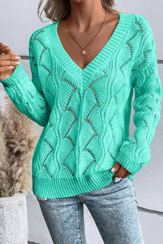 Women Hollow Out Knit V Neck Drop Shoulder Sweater YNIQUE