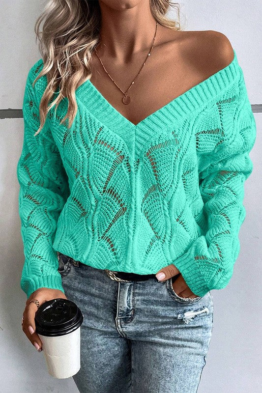 Women Hollow Out Knit V Neck Drop Shoulder Sweater YNIQUE