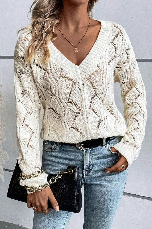 Women Hollow Out Knit V Neck Drop Shoulder Sweater YNIQUE