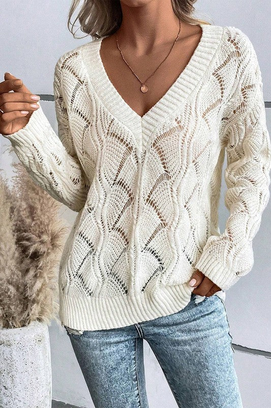 Women Hollow Out Knit V Neck Drop Shoulder Sweater YNIQUE