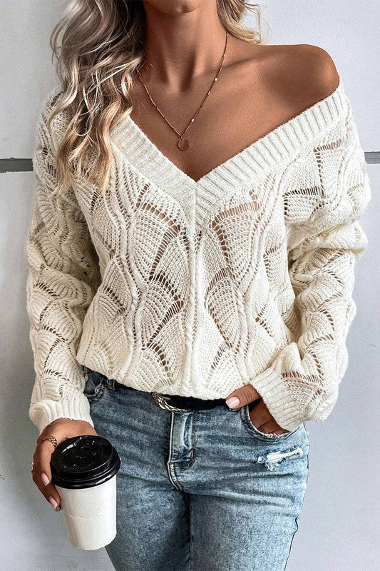 Women Hollow Out Knit V Neck Drop Shoulder Sweater YNIQUE