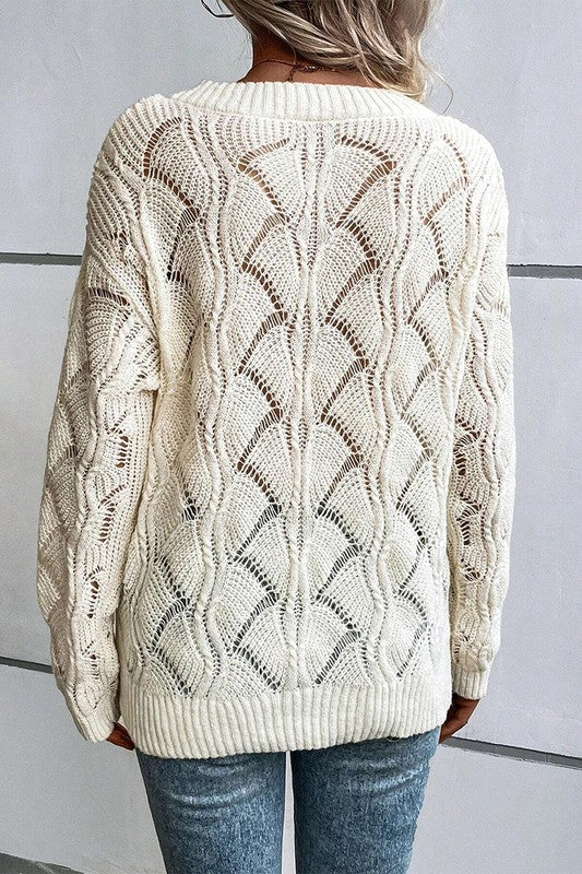 Women Hollow Out Knit V Neck Drop Shoulder Sweater YNIQUE