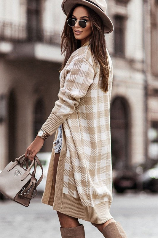 Women Khaki Open Front Plaid Long Cardigan YNIQUE