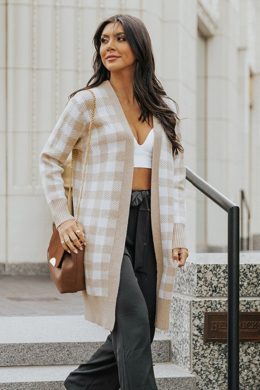 Women Khaki Open Front Plaid Long Cardigan YNIQUE